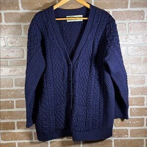 Aran Crafts Merino Wool Cable Knit Cardigan Sweater Blue XL Made in Ireland Knit
